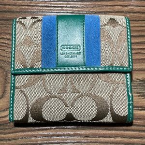 Coach bifold wallet - green leather and blue suede with standard C print fabric